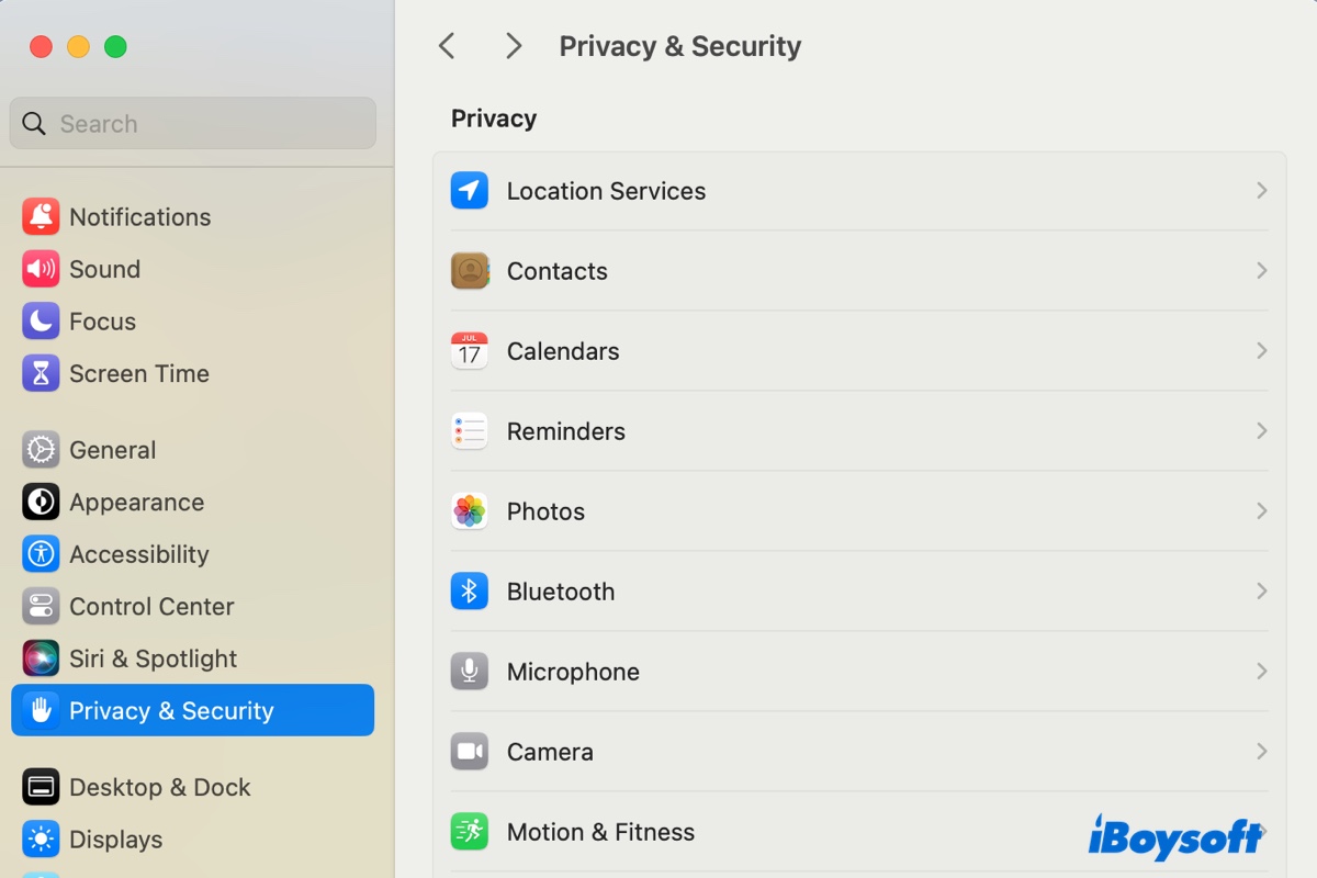 Security and Privacy settings on Mac
