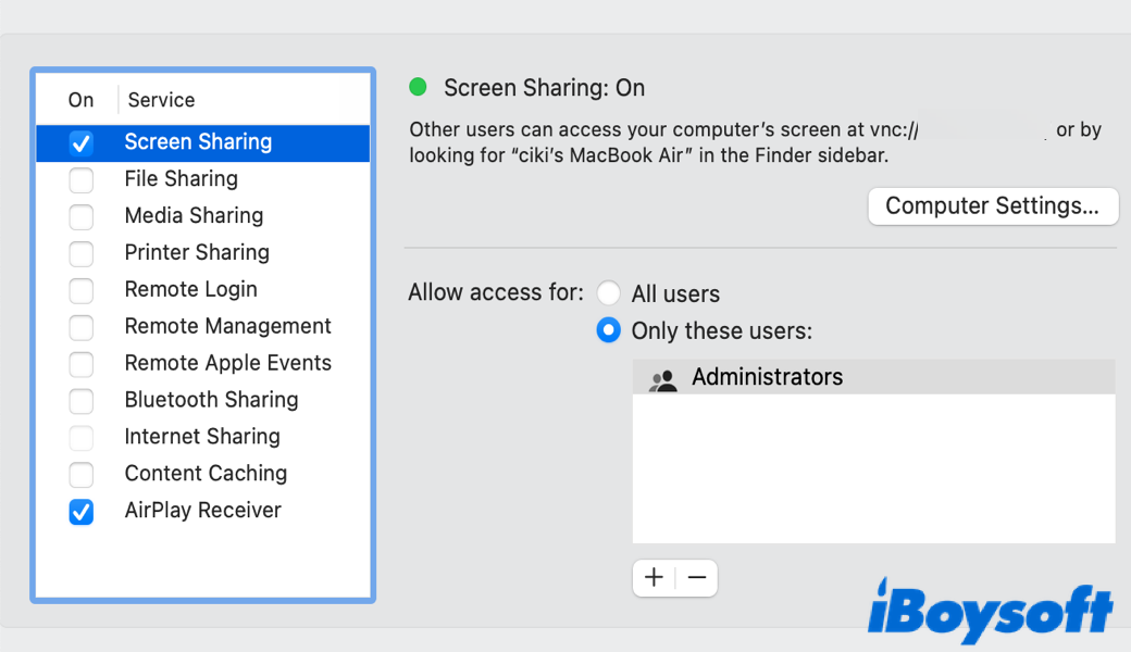 screen share on Mac using System Preference