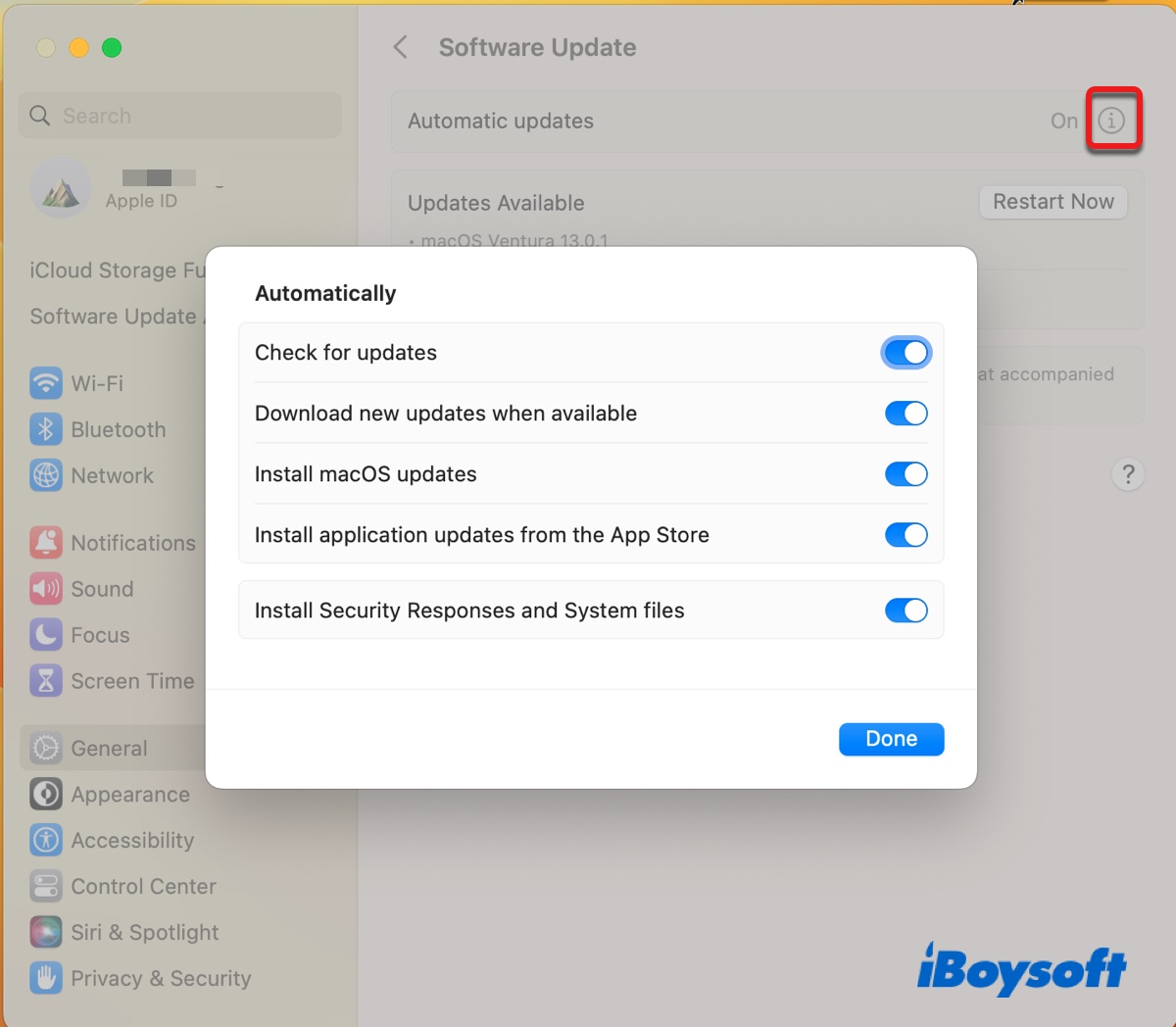 Disable automatic updates in macOS Ventura