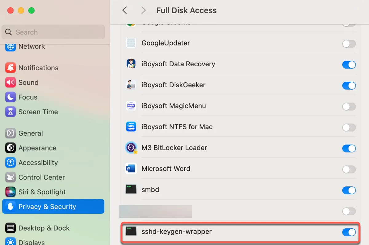 sshd keygen wrapper in Full Disk Access