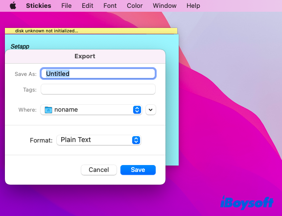 export a note from the sticky note for Mac