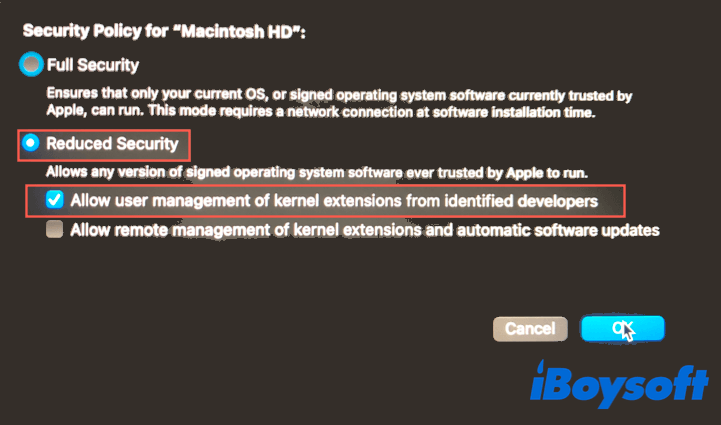 reduce security in macOS recovery mode