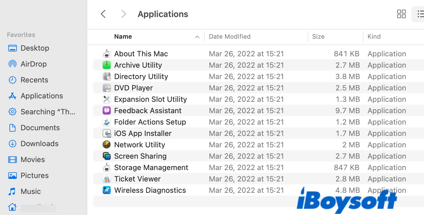 Applications inside the System Library CoreServices Applications folder