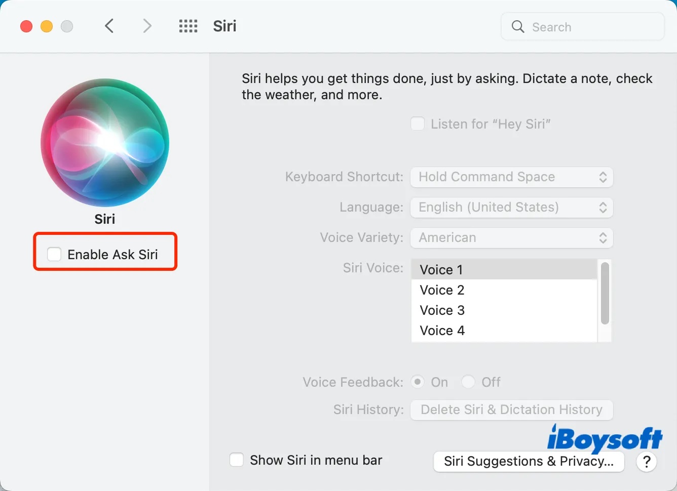 Disable or enable Siri on macOS Monterey or earlier