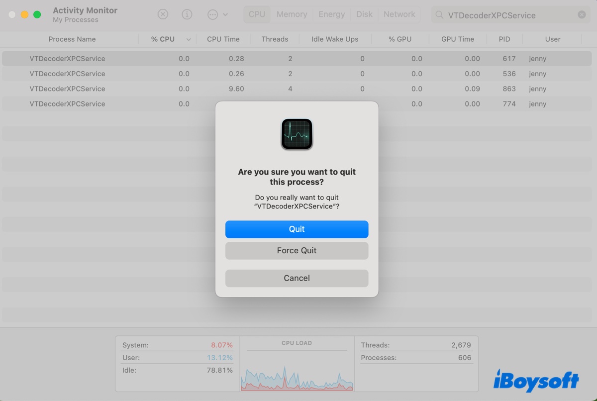 How to force quit VTDecoderXPCService in Activity Monitor