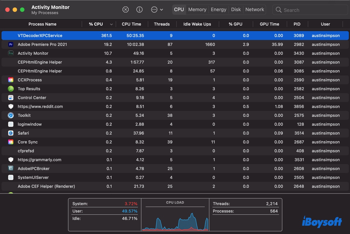 Hohe CPU-Auslastung von VTDecoderXPCService im Aktivitätsmonitor