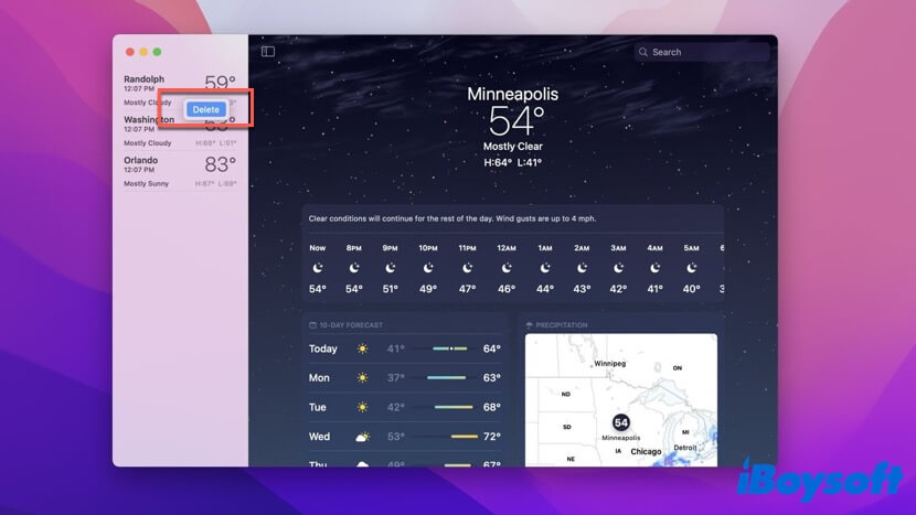 delete a location on Weather app for Mac