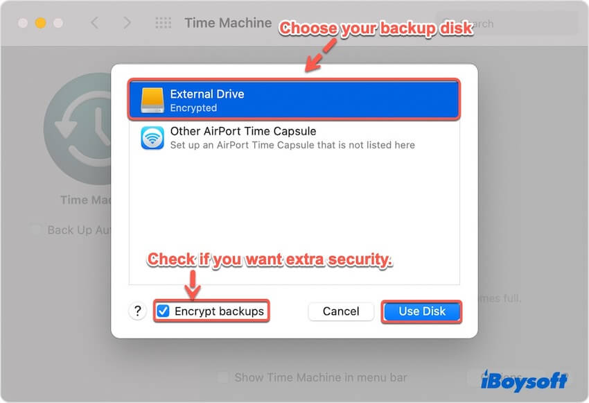 select backup disk in Time Machine