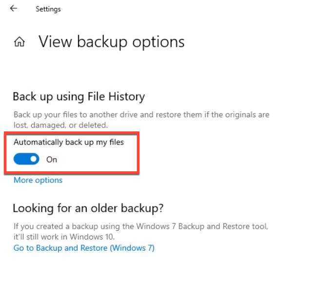 Use Windows Settings to enable File History
