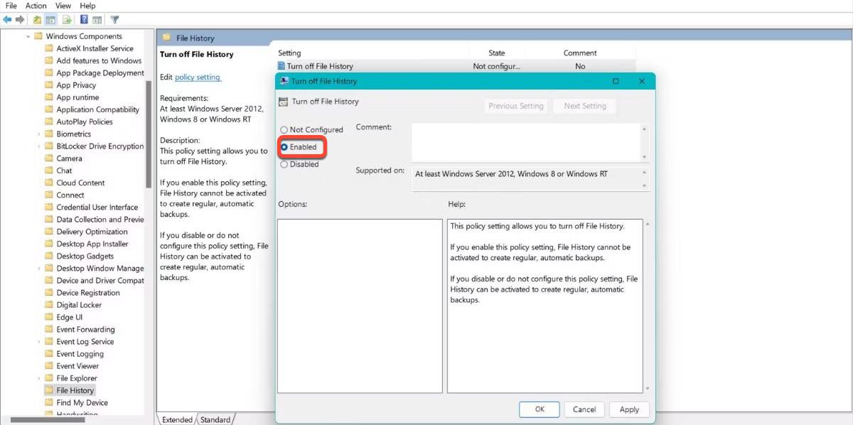 Use Group Policy Editor to enable File History
