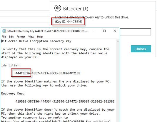 comparez le début de lidentifiant complet de la clé de récupération BitLocker avec la valeur de ID