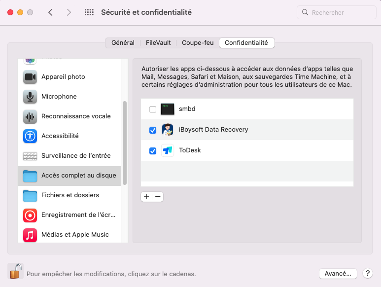 permettre un accès complet au disque pour iBoysoft Data Recovery for Mac
