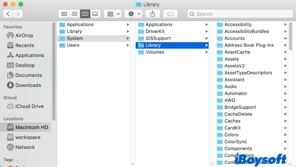 afficher le dossier Bibliothèque du système Macintosh HD dans le Finder