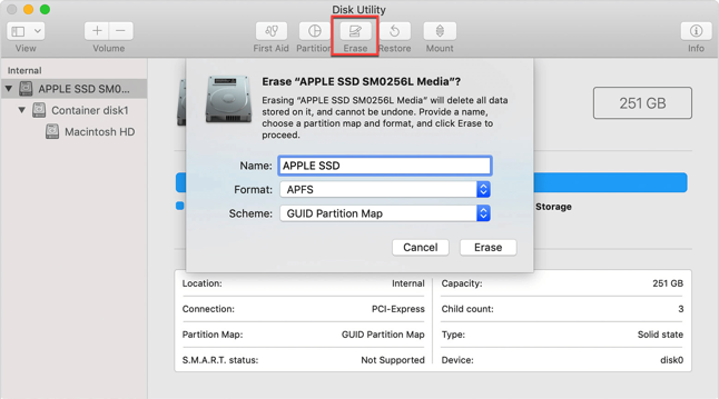 Löschen Sie die Startdiskette um den Mac in macOS Mojave auf die Werkseinstellungen zurückzusetzen