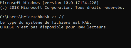 CHKDSK n'est pas disponible pour les cartes SD RAW