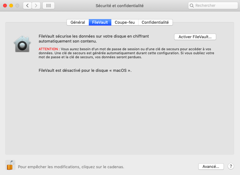 Vérifier si votre FileVault est allumé pour votre disque dur Mac
