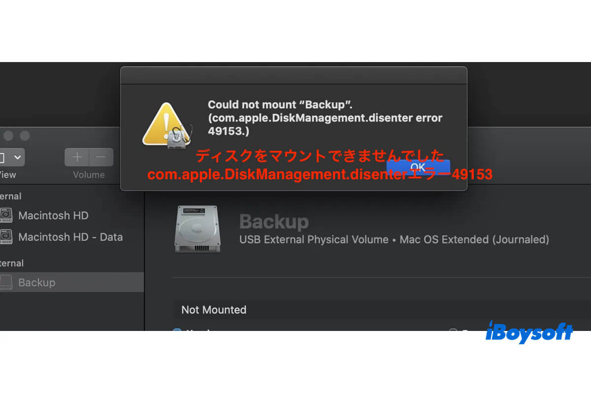 ディスクマウントできませんcom.apple.DiskManagement.disenterエラー49153