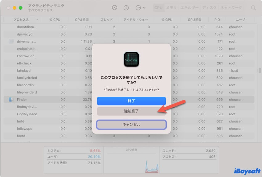 アクティビティモニタを強制終了