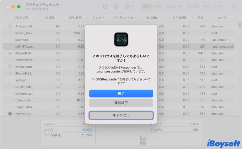 アクティビティモニタでポロセスを終了