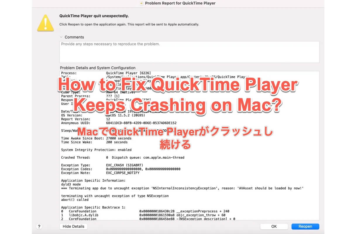 quicktime playerがクラッシュし続ける