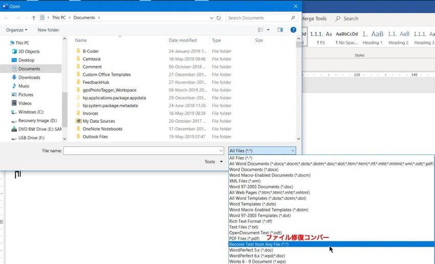 テキスト回復コンバーターでファイルを開く