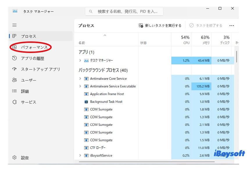 タスクマネジャーでパーフォマンスを確認