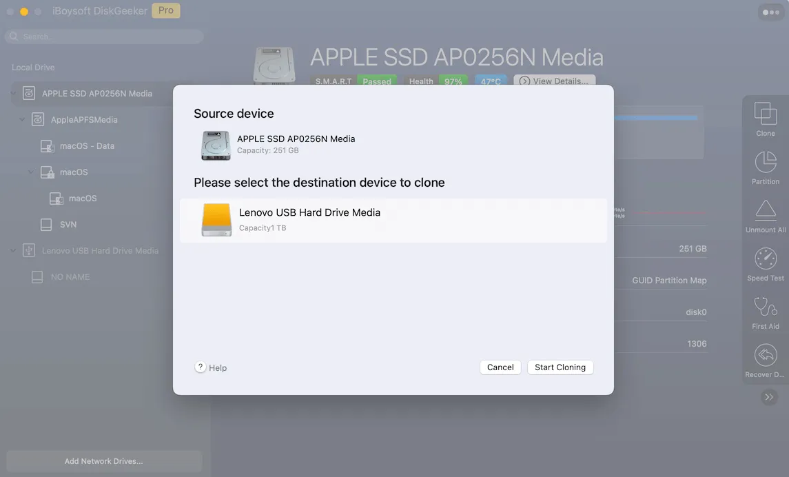 Choose destination disk to start cloning on Mac