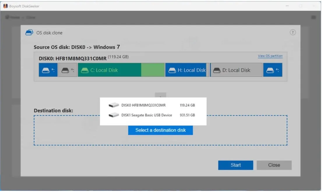 choose destination for Windows 7 OS partition