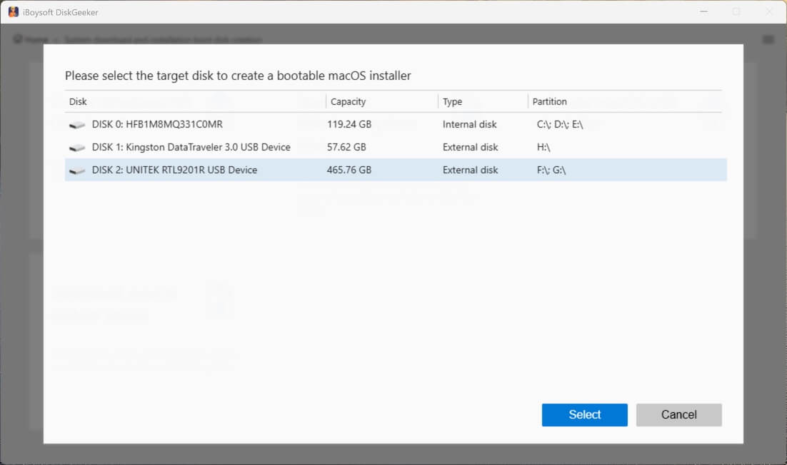 macOSブータブルUSBインストーラーを作成するための外部ドライブを選択する