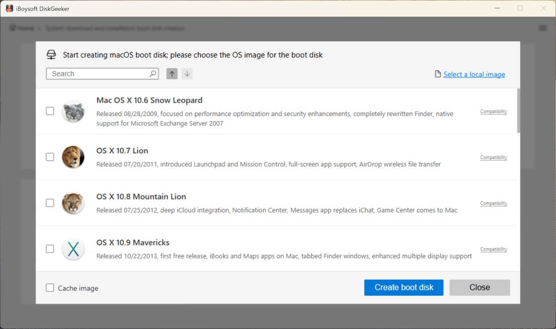 Windows上でブータブルUSBインストーラーを作成するためのmacOSバージョンを選択