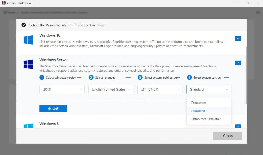 Windows Server selection