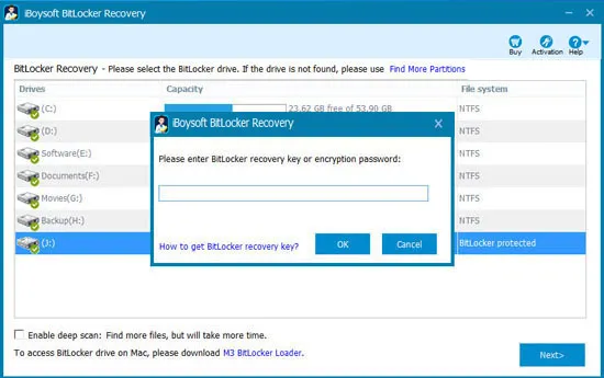 Enter the password or BitLocker recovery key to scan lost data from corrupted BitLocker encrypted drive