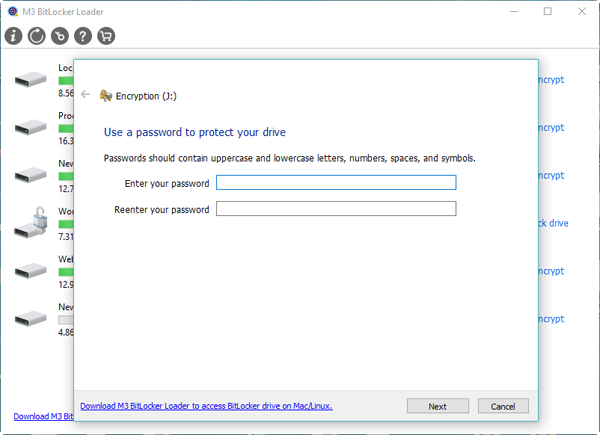 Entrez le mot de passe pour chiffrer le lecteur avec BitLocker