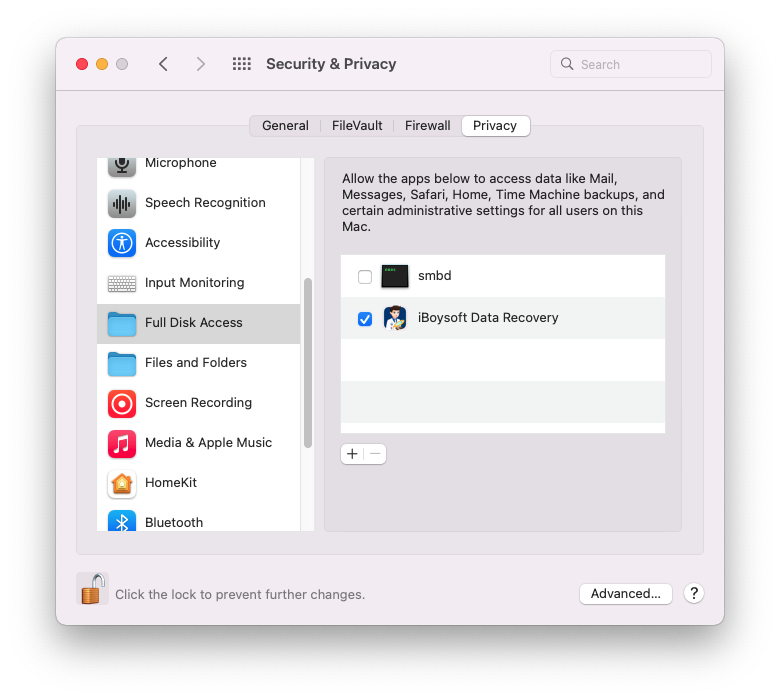enable full disk access for iBoysoft Data Recovery for Mac