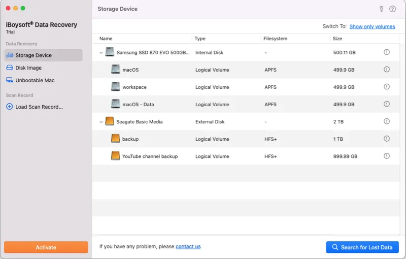 iBoysoft Data Recovery para Mac mostra todos os dispositivos
