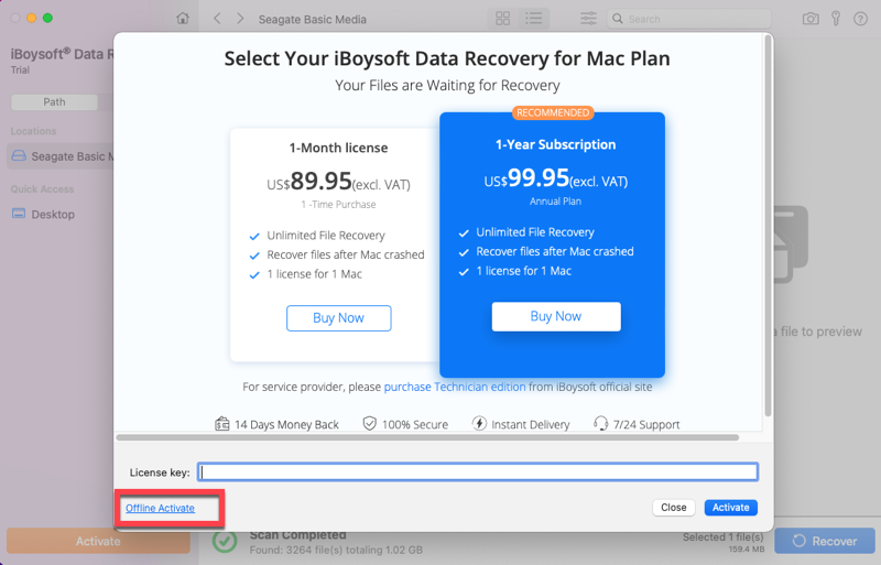 activate iBoysoft Data Recovery for Mac offline