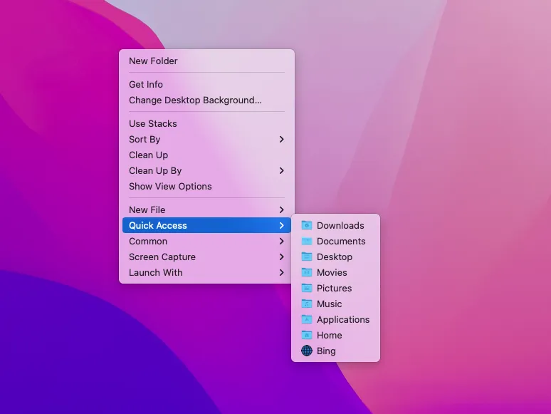 right click to quick access a folder on Mac