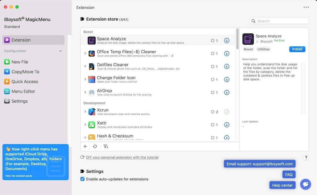 activer Space Analyze dans le menu du clic droit de Mac
