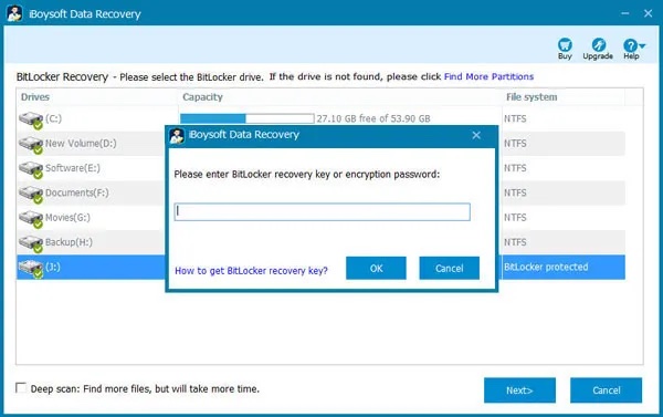 Enter BitLocker password or recovery key to unlock the drive
