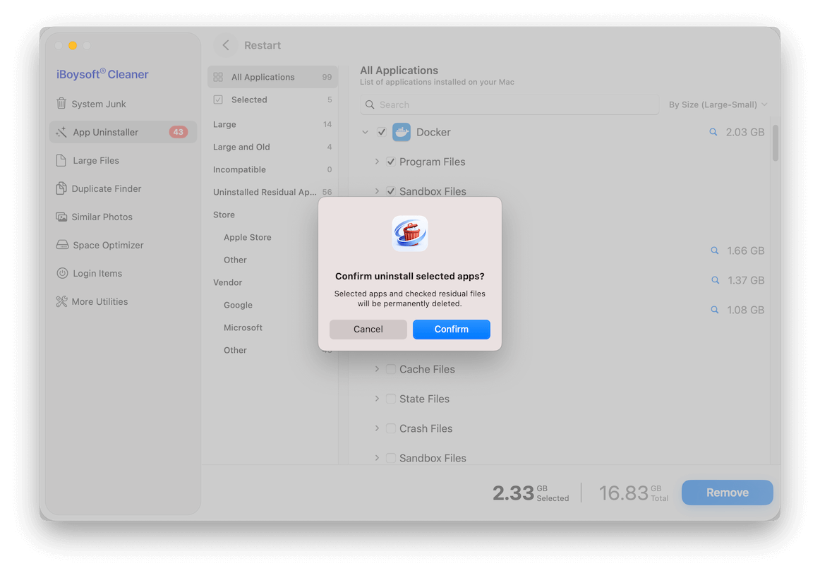 Confirm to uninstall apps