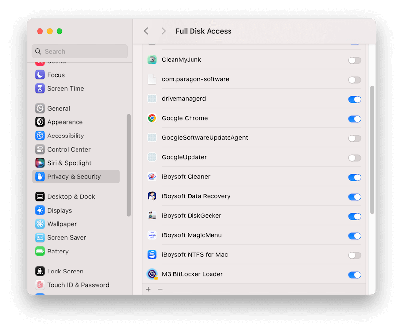 enable Full Disk Access for iBoysoft Cleaner