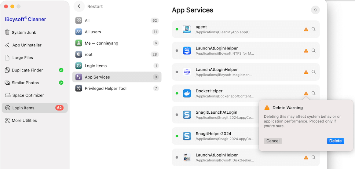 login items with warnings
