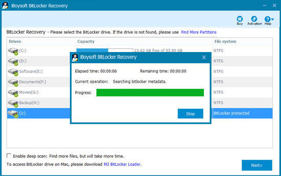 iBoysoft BitLocker Recovery is scanning data