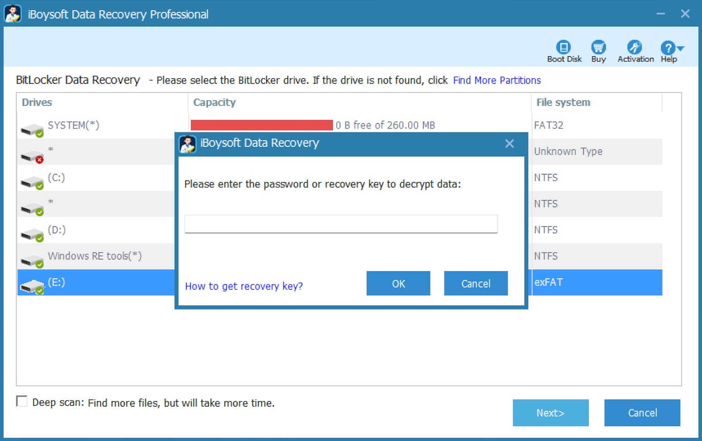 iBoysoft Data Recovery - Enter BitLocker recovery key or encryption password