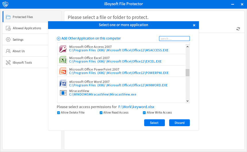 Select allowed applications in iBoysoft File Protector