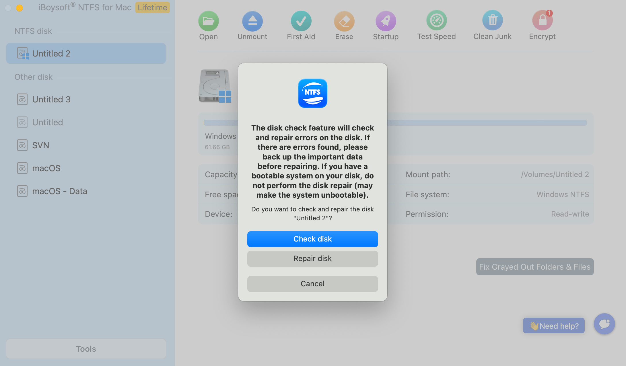 Check an NTFS Disk with iBoysoft NTFS for Mac