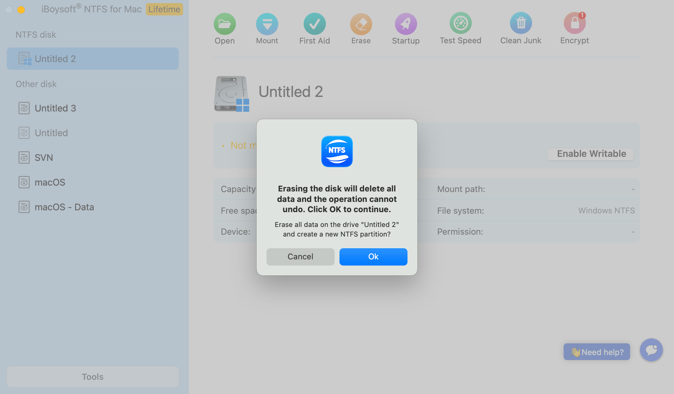 Erase an NTFS disk with iBoysoft NTFS for Mac