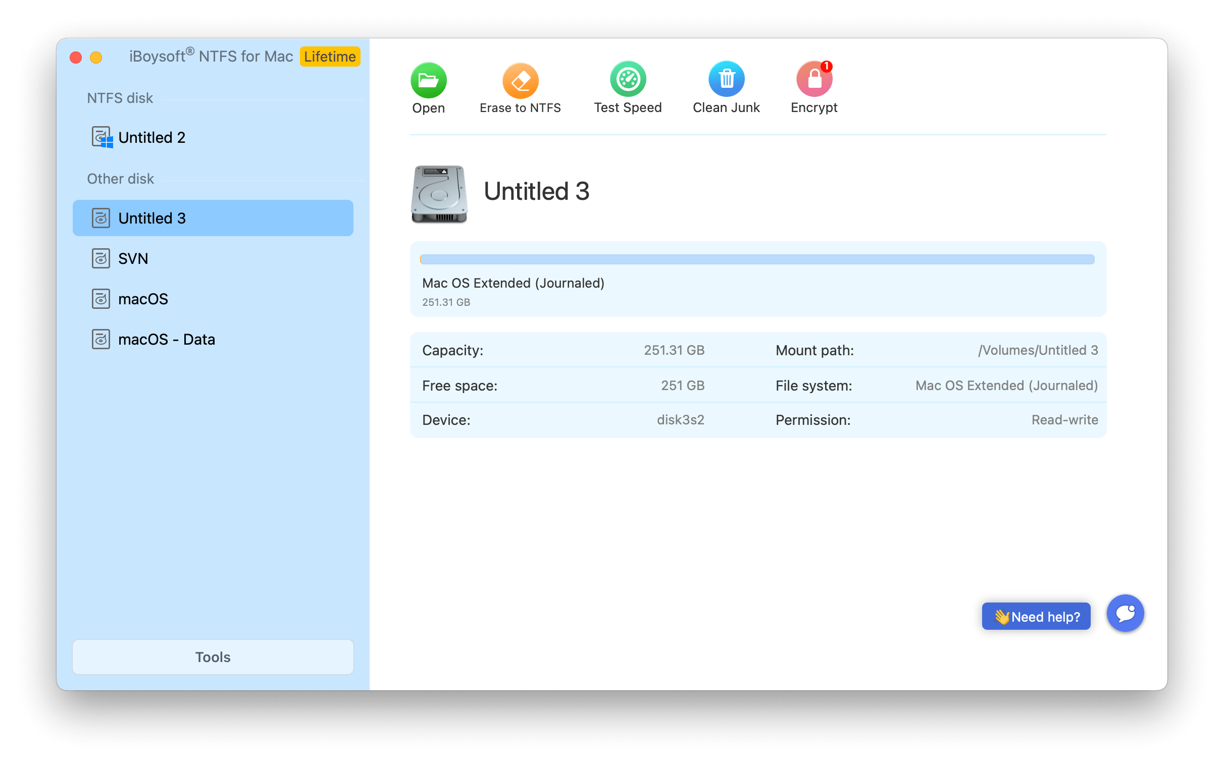 Erase a disk to NTFS with iBoysoft NTFS for Mac