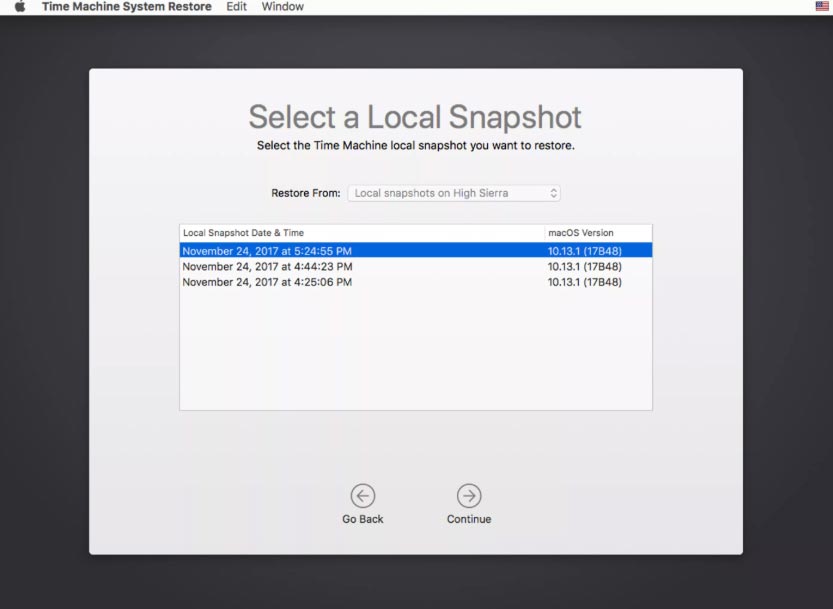 Restore Mac with local APFS snapshots