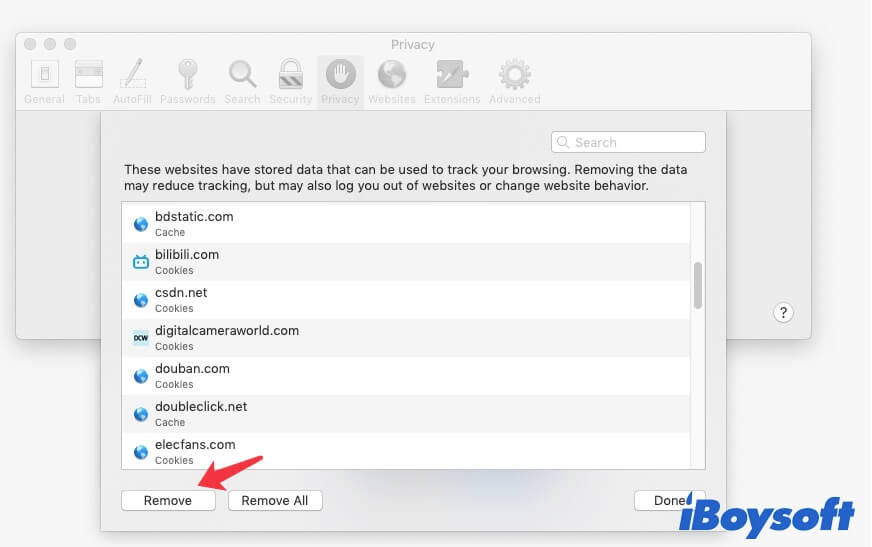 click 'Remove' to clear all cookies in Safari